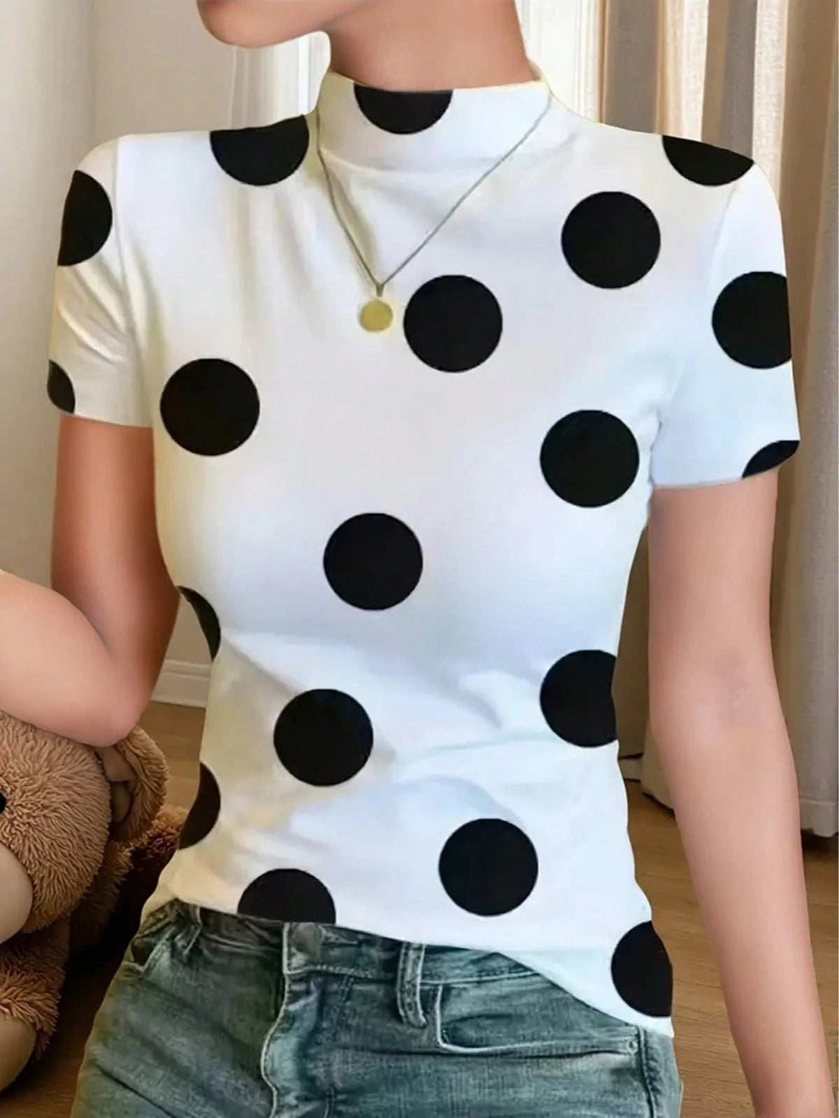 Ice Silk Knit Mock Neck Short Sleeve T-Shirt, Women Fashion Print Casual Top For Summer White