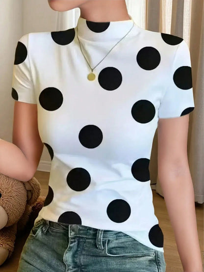 Ice Silk Knit Mock Neck Short Sleeve T-Shirt, Women Fashion Print Casual Top For Summer White