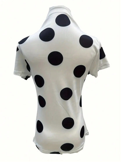 Ice Silk Knit Mock Neck Short Sleeve T-Shirt, Women Fashion Print Casual Top For Summer White