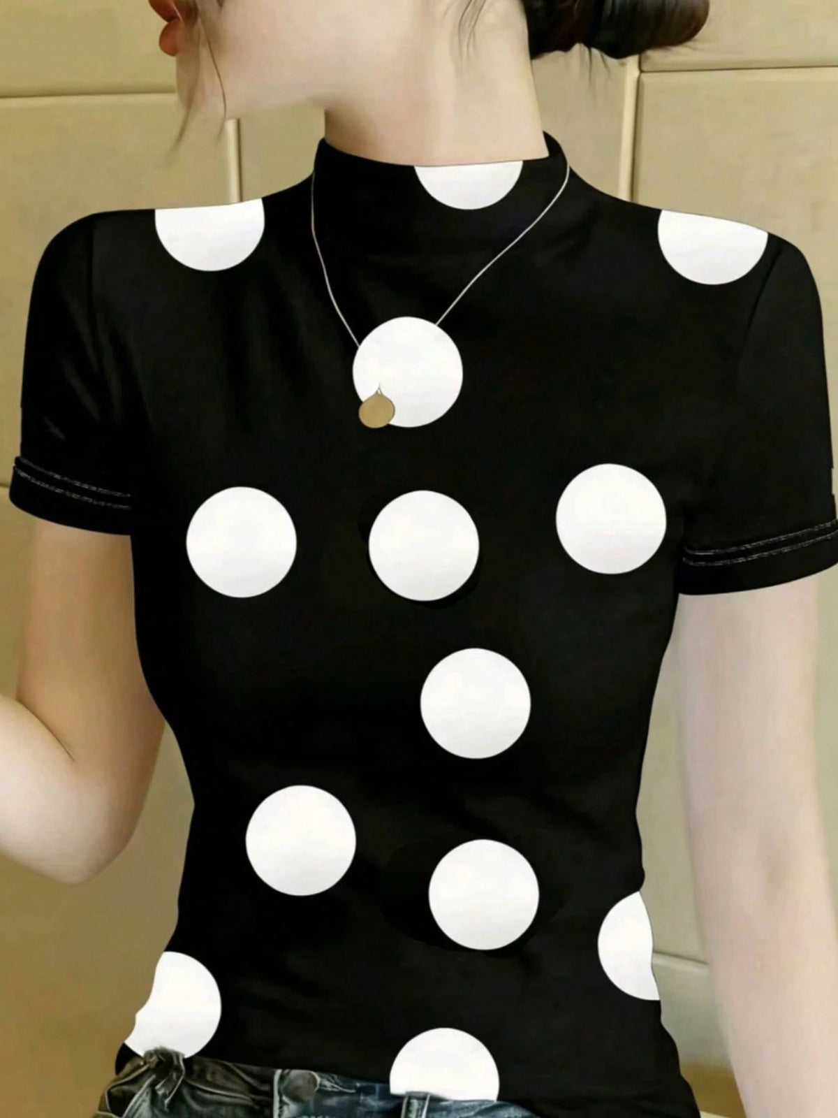 Ice Silk Knit Mock Neck Short Sleeve T-Shirt, Women Fashion Print Casual Top For Summer White