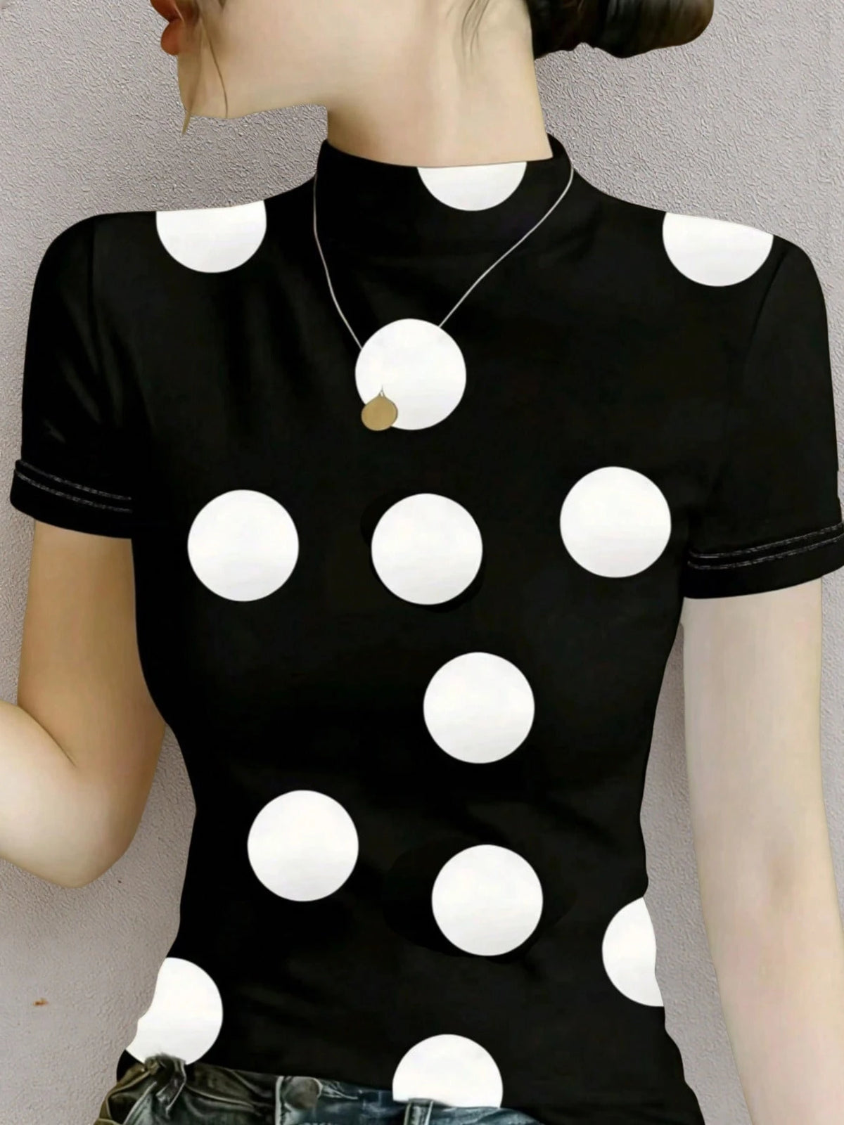 Ice Silk Knit Mock Neck Short Sleeve T-Shirt, Women Fashion Print Casual Top For Summer White