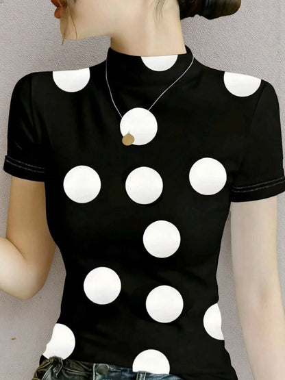Ice Silk Knit Mock Neck Short Sleeve T-Shirt, Women Fashion Print Casual Top For Summer White