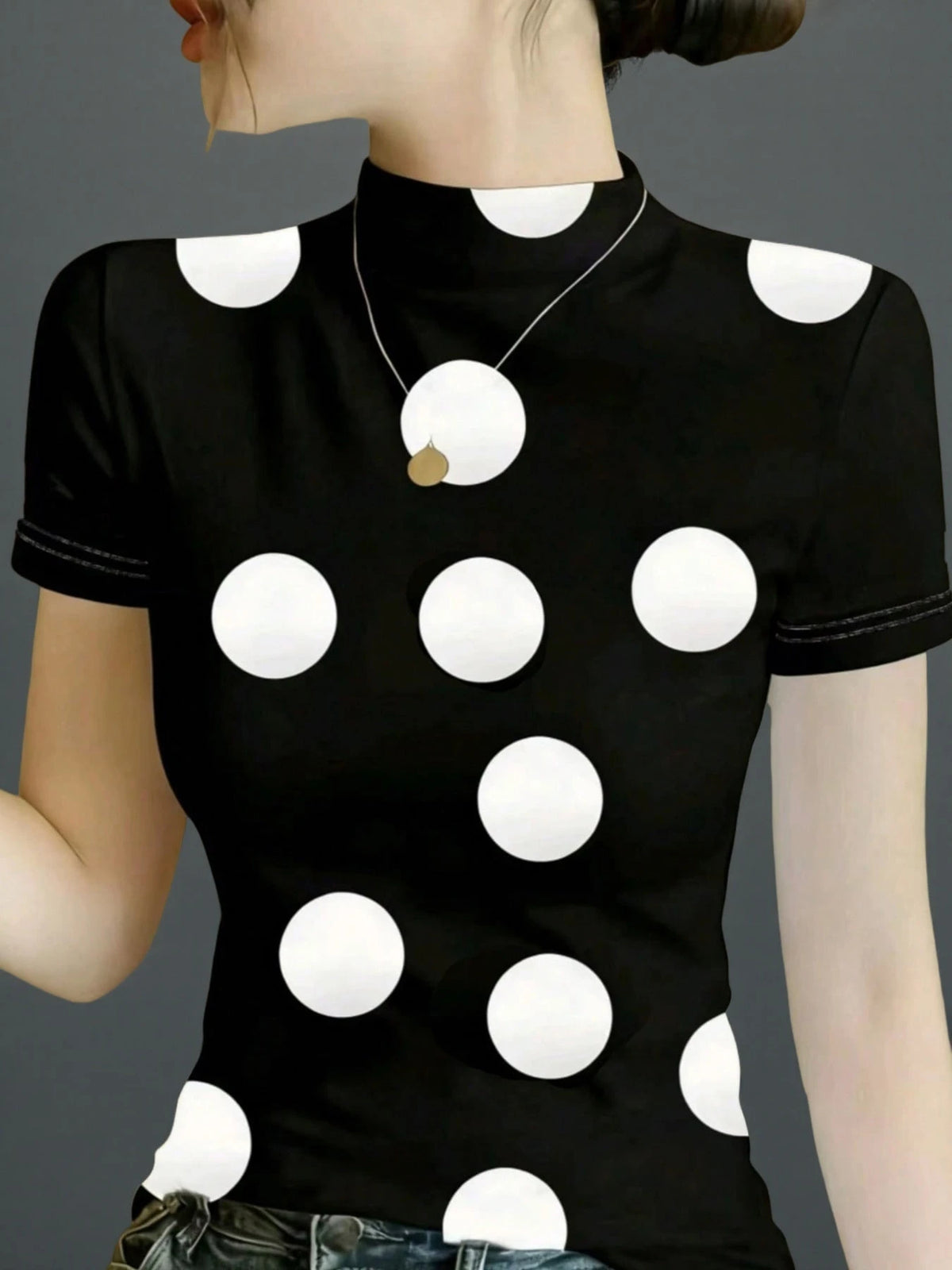 Ice Silk Knit Mock Neck Short Sleeve T-Shirt, Women Fashion Print Casual Top For Summer White