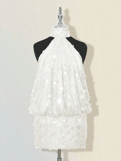 ICON Glittering Sequin High Neck Backless Ruched Bodycon Mini Dress