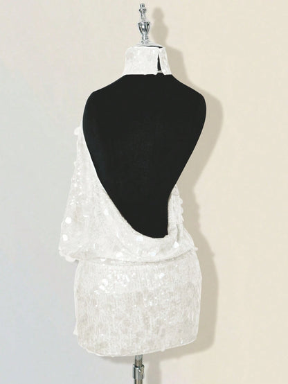 ICON Glittering Sequin High Neck Backless Ruched Bodycon Mini Dress