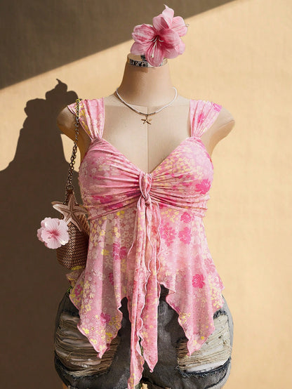 ICON Plus Size Pink Floral Floral Summer Boho Beach Vacation Holiday Retro Y2K Sweetheart Neckline Gathered Tie-Up Chest Asymmetric Hem Mesh Camisole Top