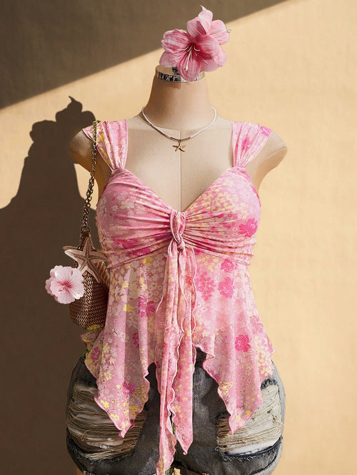 ICON Plus Size Pink Floral Floral Summer Boho Beach Vacation Holiday Retro Y2K Sweetheart Neckline Gathered Tie-Up Chest Asymmetric Hem Mesh Camisole Top