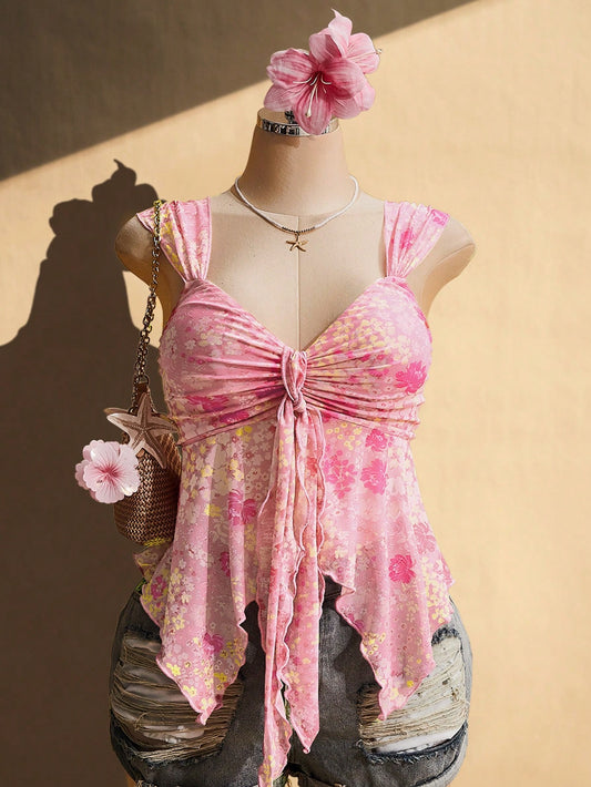 ICON Plus Size Pink Floral Floral Summer Boho Beach Vacation Holiday Retro Y2K Sweetheart Neckline Gathered Tie-Up Chest Asymmetric Hem Mesh Camisole Top