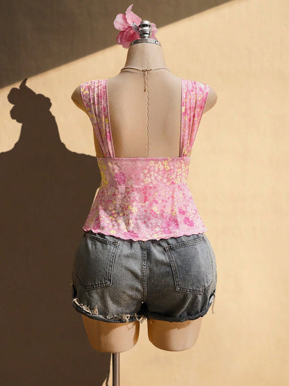 ICON Plus Size Pink Floral Floral Summer Boho Beach Vacation Holiday Retro Y2K Sweetheart Neckline Gathered Tie-Up Chest Asymmetric Hem Mesh Camisole Top