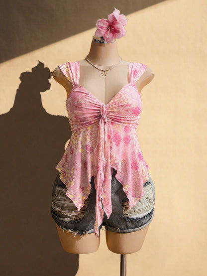 ICON Plus Size Pink Floral Floral Summer Boho Beach Vacation Holiday Retro Y2K Sweetheart Neckline Gathered Tie-Up Chest Asymmetric Hem Mesh Camisole Top