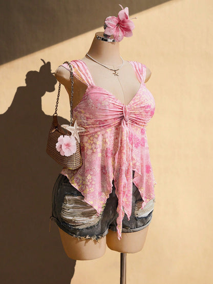 ICON Plus Size Pink Floral Floral Summer Boho Beach Vacation Holiday Retro Y2K Sweetheart Neckline Gathered Tie-Up Chest Asymmetric Hem Mesh Camisole Top