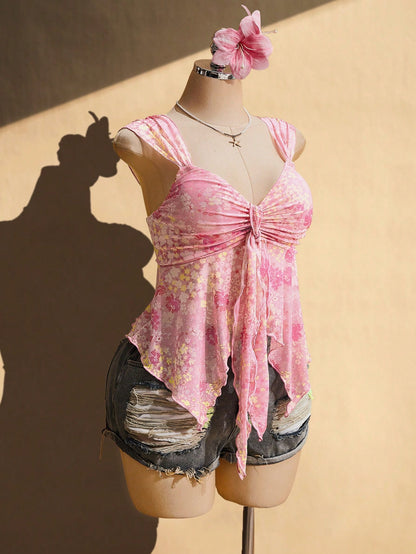 ICON Plus Size Pink Floral Floral Summer Boho Beach Vacation Holiday Retro Y2K Sweetheart Neckline Gathered Tie-Up Chest Asymmetric Hem Mesh Camisole Top