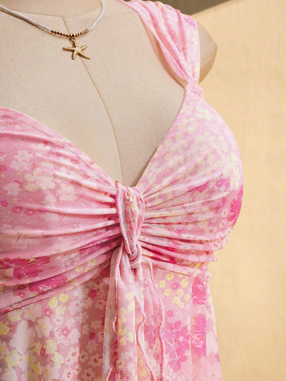 ICON Plus Size Pink Floral Floral Summer Boho Beach Vacation Holiday Retro Y2K Sweetheart Neckline Gathered Tie-Up Chest Asymmetric Hem Mesh Camisole Top