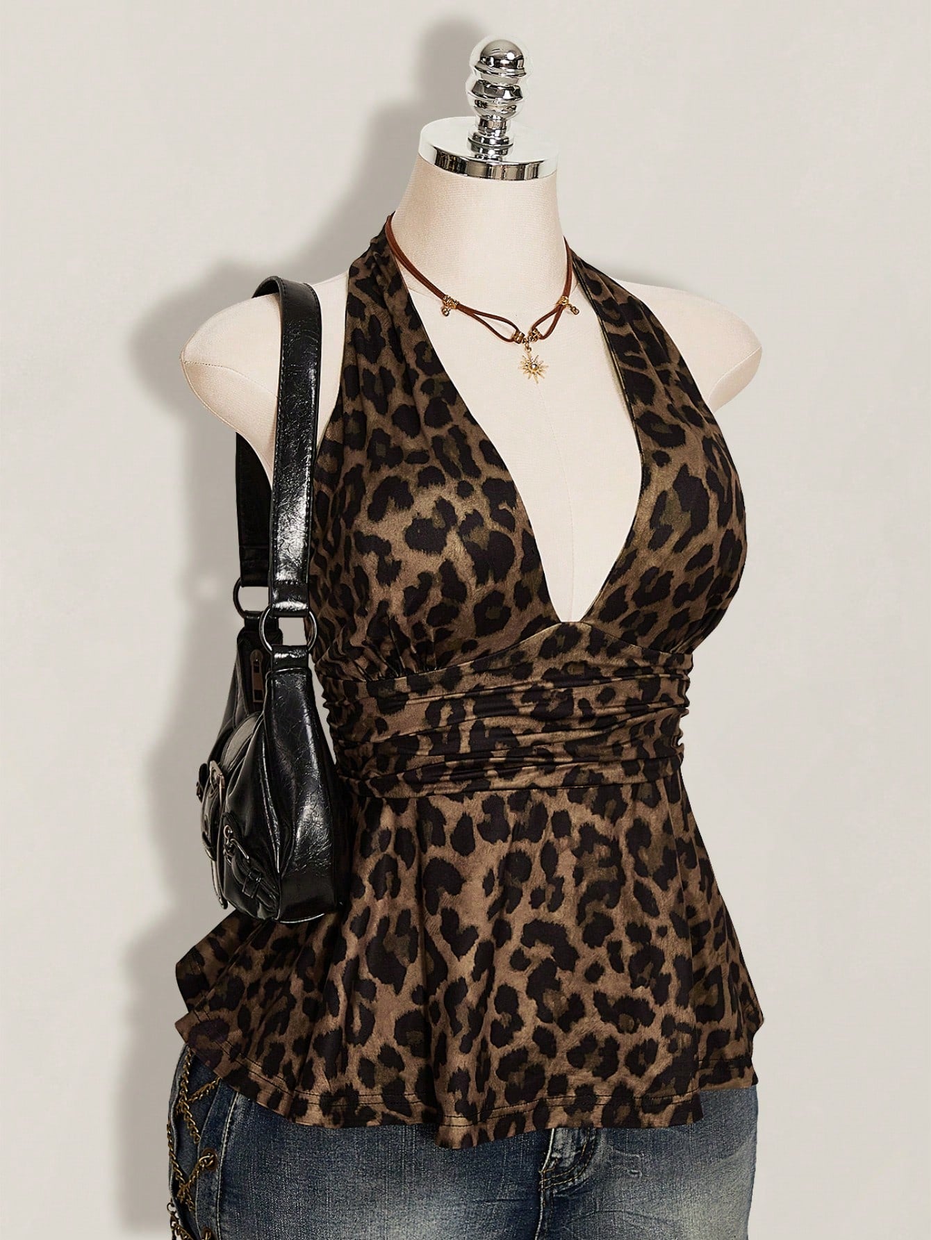 ICON Plus Size Women's Brown Summer Classy Night Out Club Top,Y2K Leopard Print Deep V Halter Neck Waist Gathered Retro Fashion Loose Hem Fitted Top