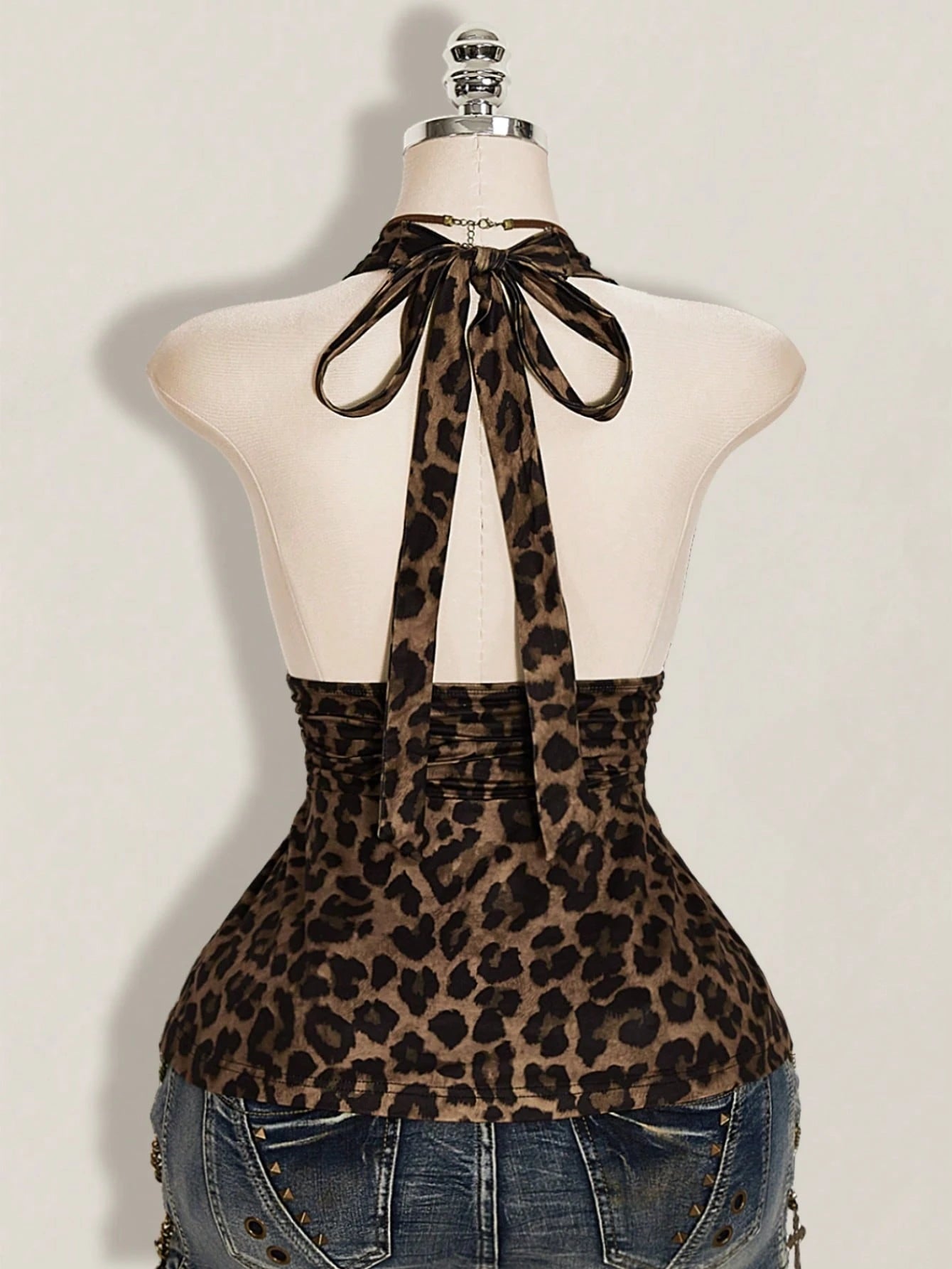 ICON Plus Size Women's Brown Summer Classy Night Out Club Top,Y2K Leopard Print Deep V Halter Neck Waist Gathered Retro Fashion Loose Hem Fitted Top