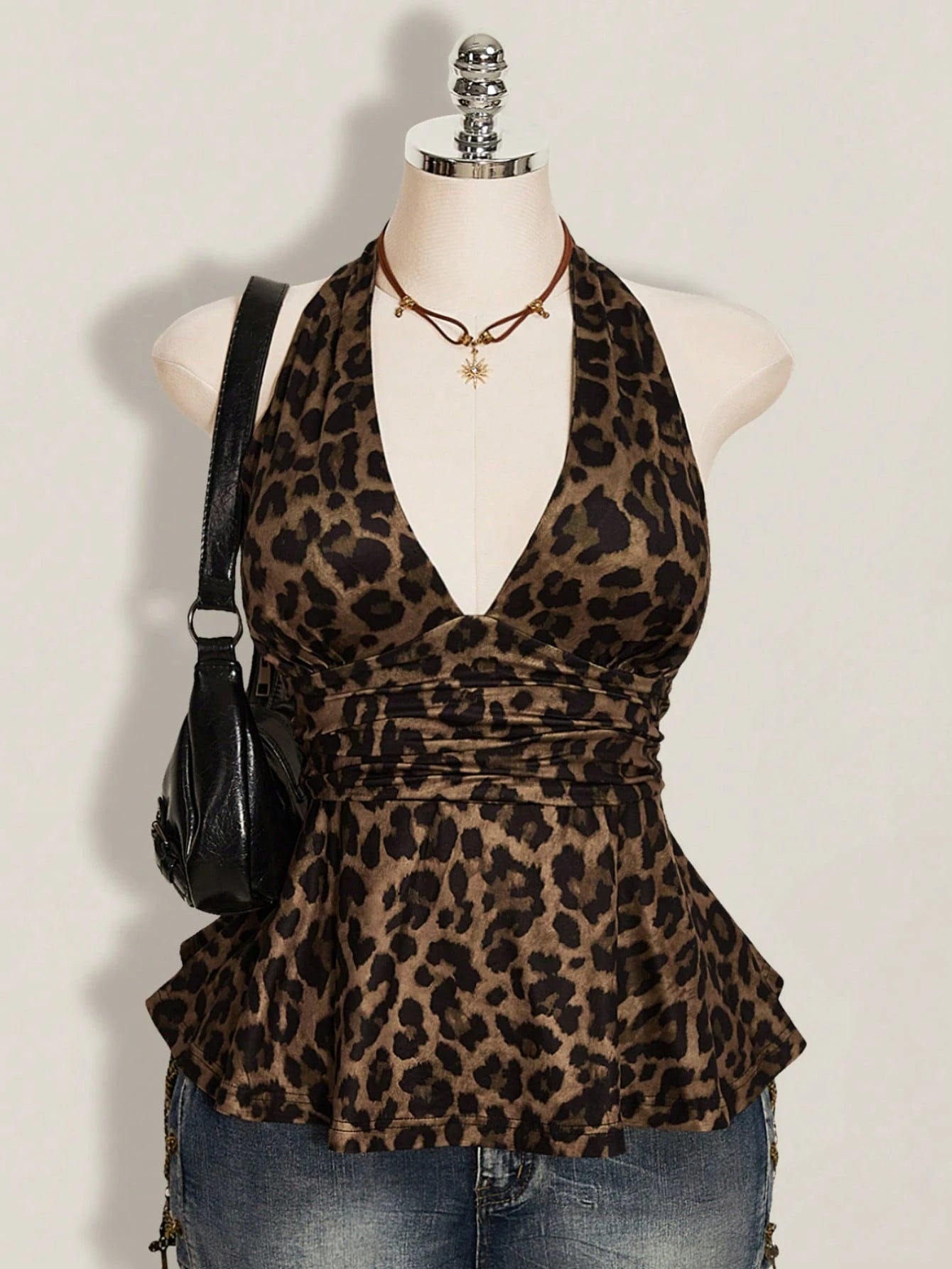 ICON Plus Size Women's Brown Summer Classy Night Out Club Top,Y2K Leopard Print Deep V Halter Neck Waist Gathered Retro Fashion Loose Hem Fitted Top