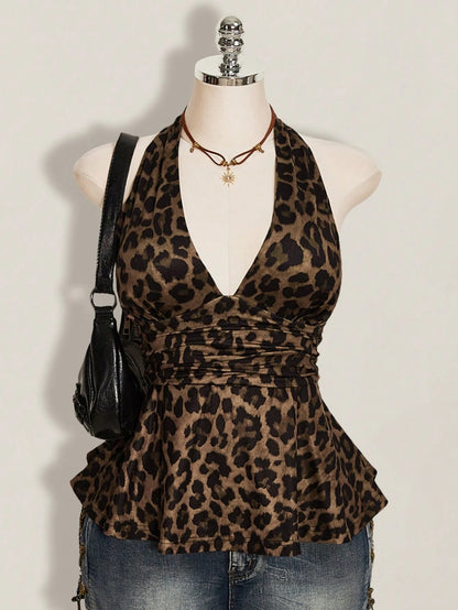 ICON Plus Size Women's Brown Summer Classy Night Out Club Top,Y2K Leopard Print Deep V Halter Neck Waist Gathered Retro Fashion Loose Hem Fitted Top