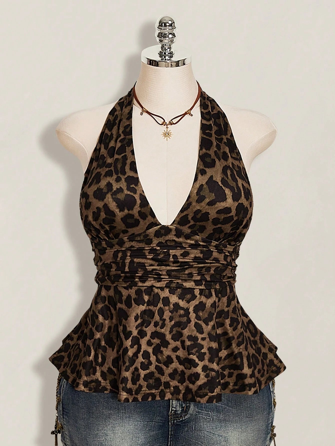 ICON Plus Size Women's Brown Summer Classy Night Out Club Top,Y2K Leopard Print Deep V Halter Neck Waist Gathered Retro Fashion Loose Hem Fitted Top