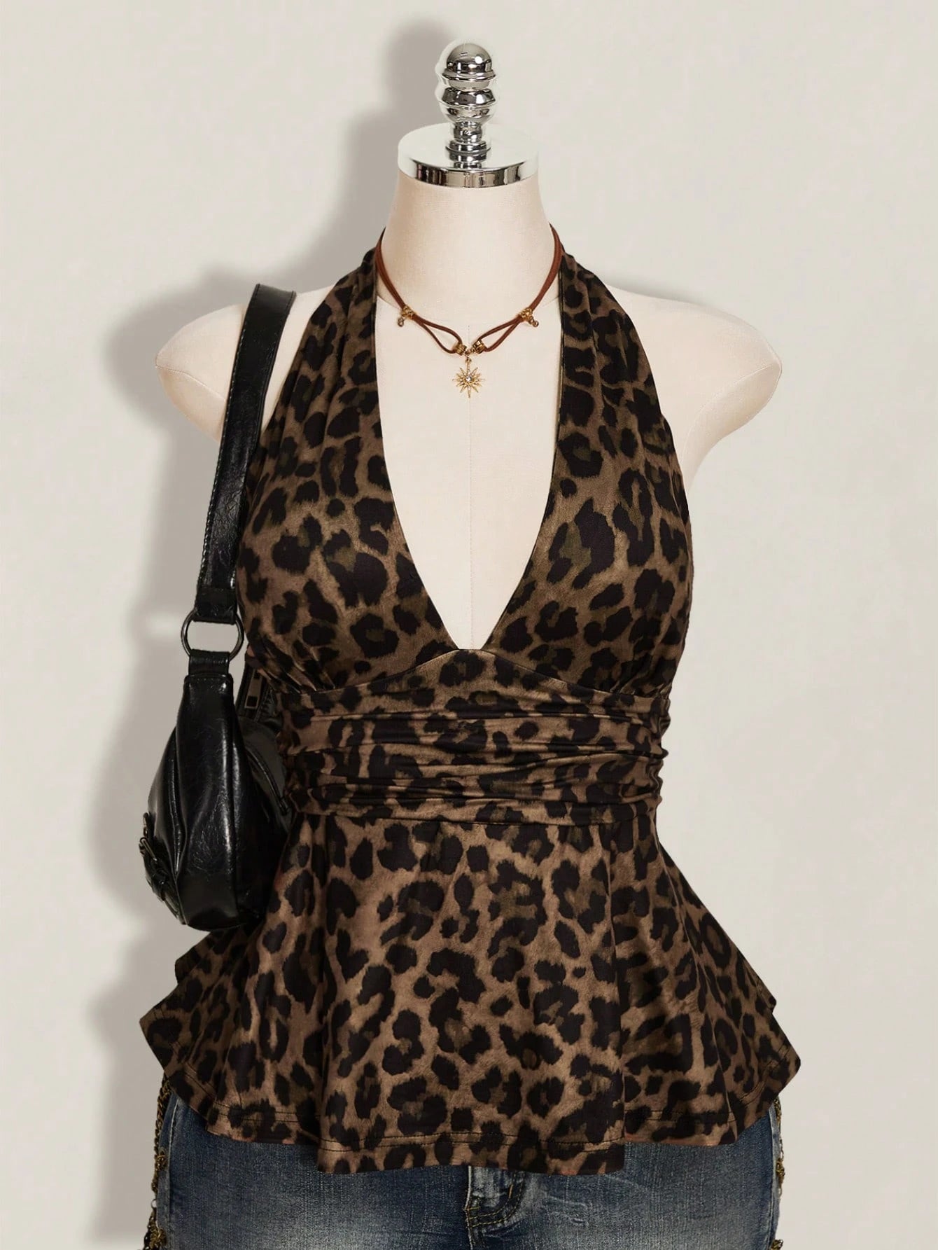 ICON Plus Size Women's Brown Summer Classy Night Out Club Top,Y2K Leopard Print Deep V Halter Neck Waist Gathered Retro Fashion Loose Hem Fitted Top