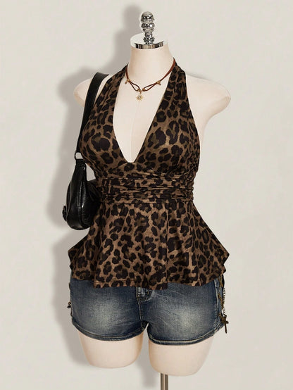 ICON Plus Size Women's Brown Summer Classy Night Out Club Top,Y2K Leopard Print Deep V Halter Neck Waist Gathered Retro Fashion Loose Hem Fitted Top