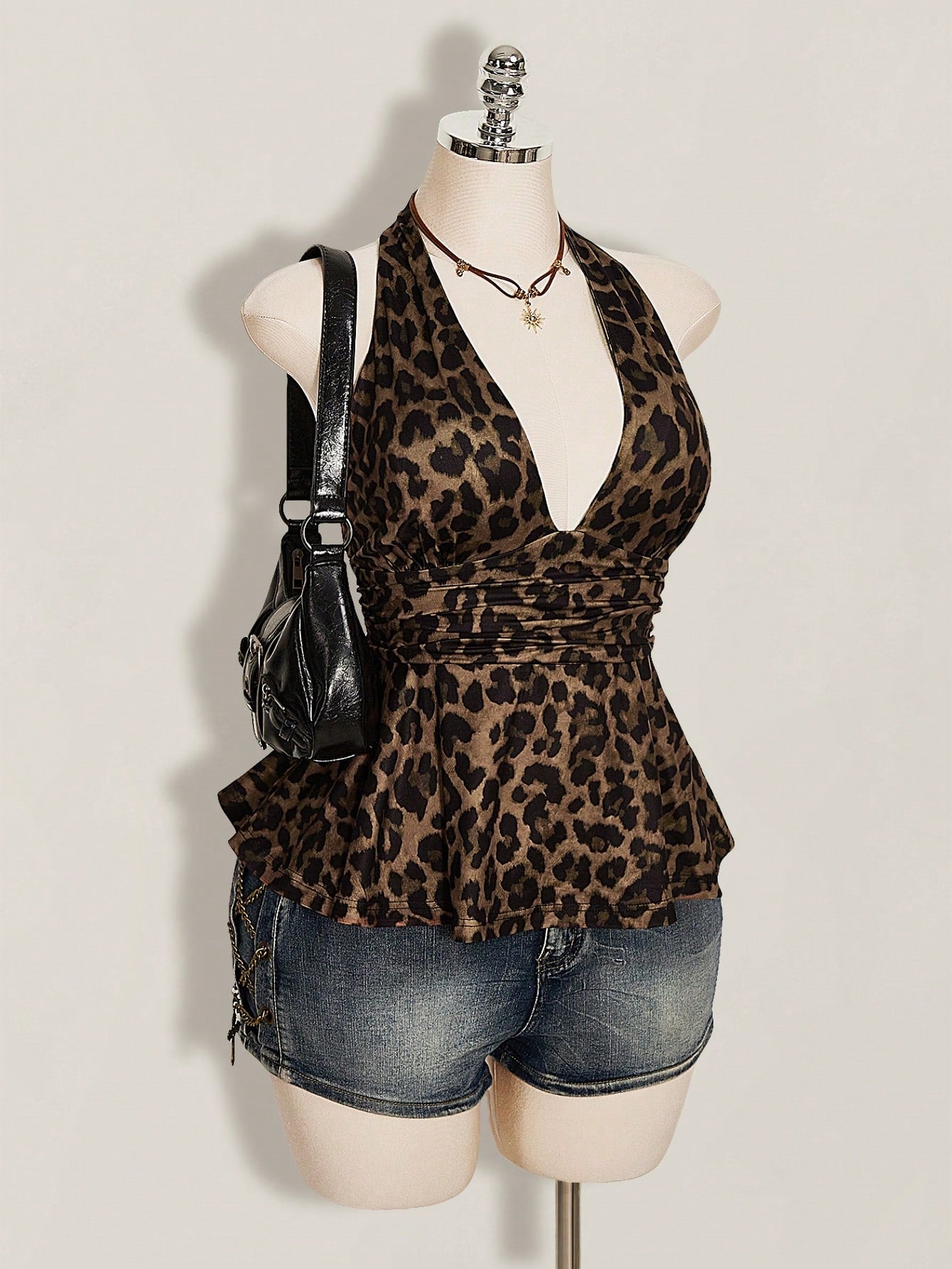ICON Plus Size Women's Brown Summer Classy Night Out Club Top,Y2K Leopard Print Deep V Halter Neck Waist Gathered Retro Fashion Loose Hem Fitted Top
