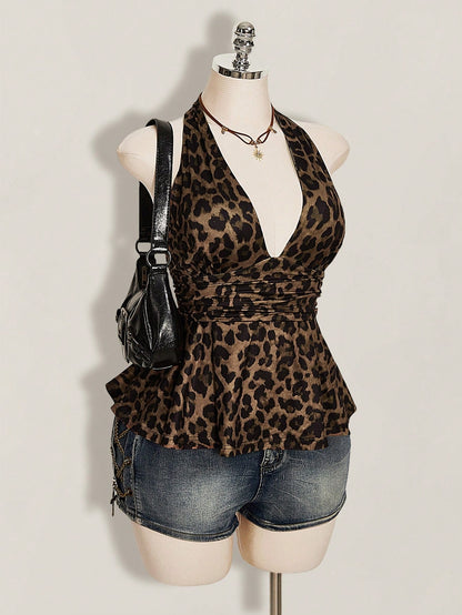 ICON Plus Size Women's Brown Summer Classy Night Out Club Top,Y2K Leopard Print Deep V Halter Neck Waist Gathered Retro Fashion Loose Hem Fitted Top
