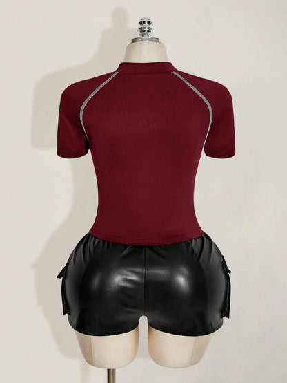 ICON Plus Size Women's Contrast Stitching Hollow Out Zipper Short Sleeve T-Shirt