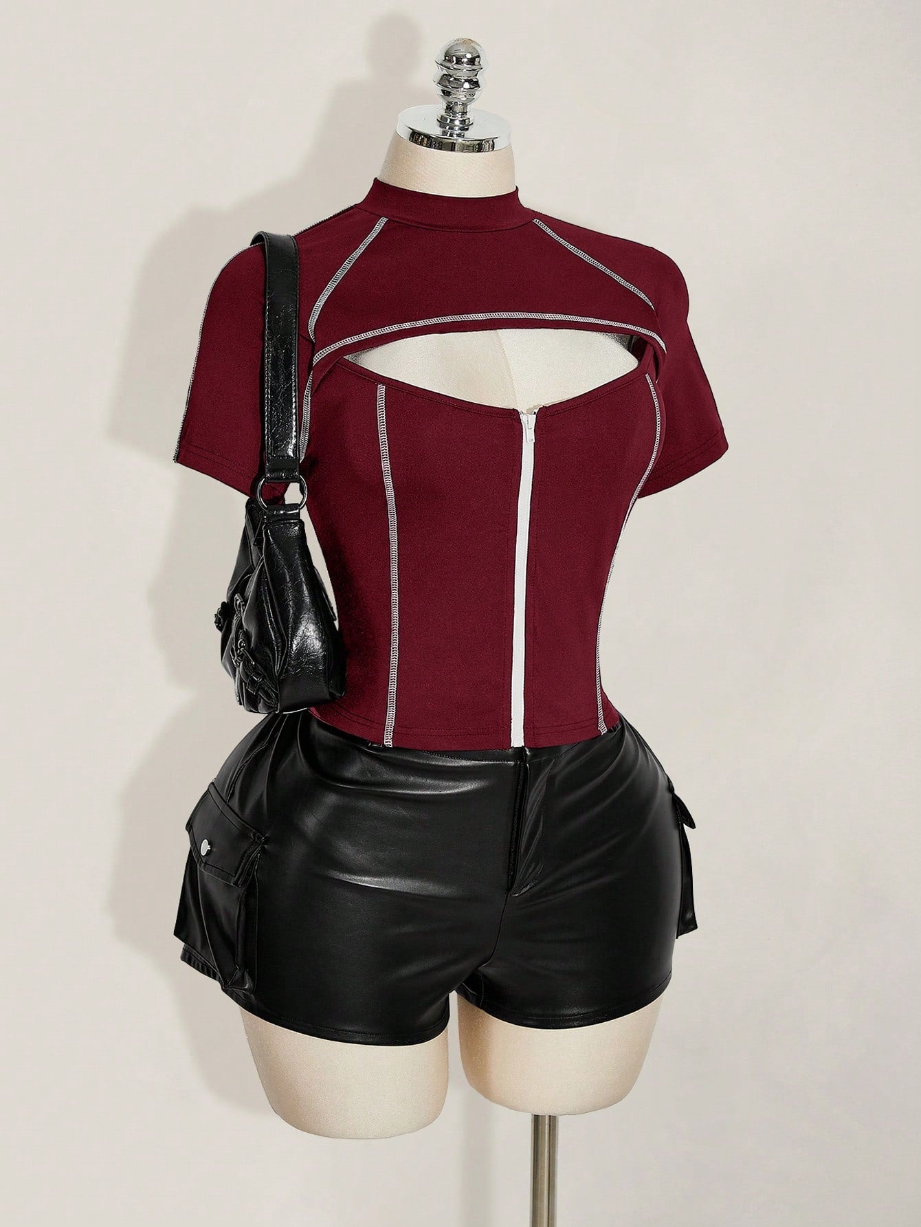 ICON Plus Size Women's Contrast Stitching Hollow Out Zipper Short Sleeve T-Shirt
