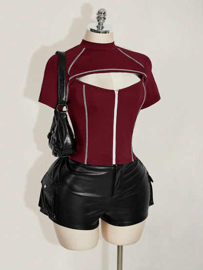 ICON Plus Size Women's Contrast Stitching Hollow Out Zipper Short Sleeve T-Shirt