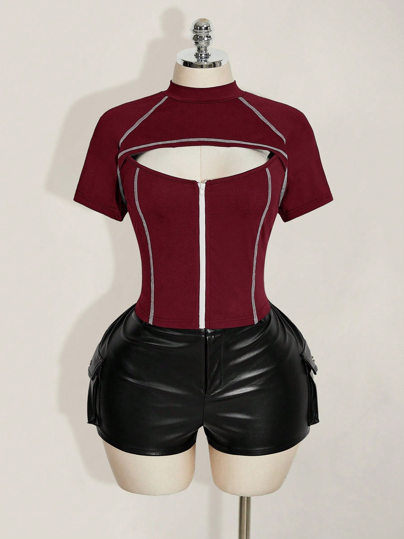 ICON Plus Size Women's Contrast Stitching Hollow Out Zipper Short Sleeve T-Shirt