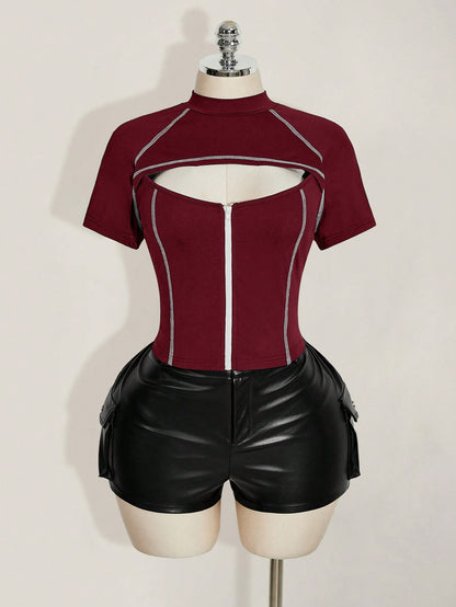 ICON Plus Size Women's Contrast Stitching Hollow Out Zipper Short Sleeve T-Shirt