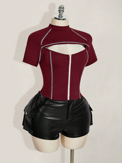 ICON Plus Size Women's Contrast Stitching Hollow Out Zipper Short Sleeve T-Shirt