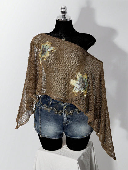 ICON Plus Size Women's Floral Embroidered Gold & Silver Thread Y2K Sheer Top