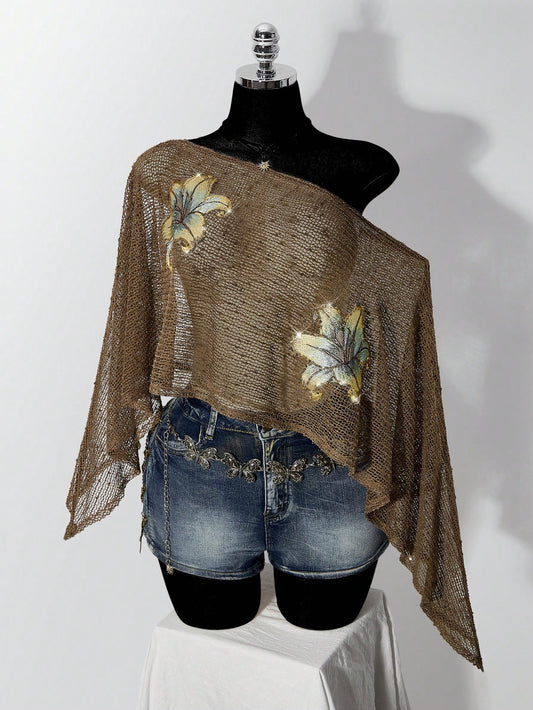ICON Plus Size Women's Floral Embroidered Gold & Silver Thread Y2K Sheer Top