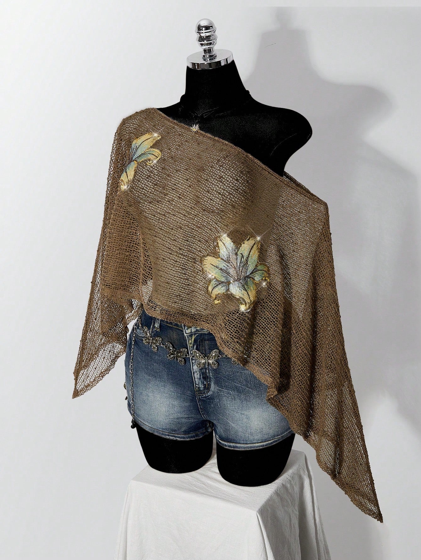 ICON Plus Size Women's Floral Embroidered Gold & Silver Thread Y2K Sheer Top