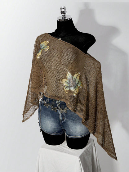 ICON Plus Size Women's Floral Embroidered Gold & Silver Thread Y2K Sheer Top