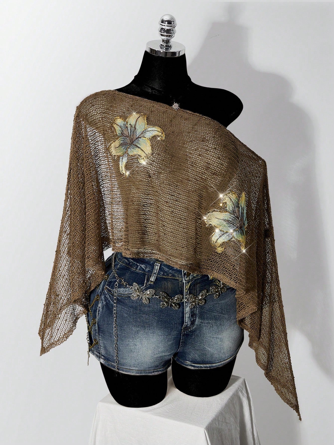 ICON Plus Size Women's Floral Embroidered Gold & Silver Thread Y2K Sheer Top
