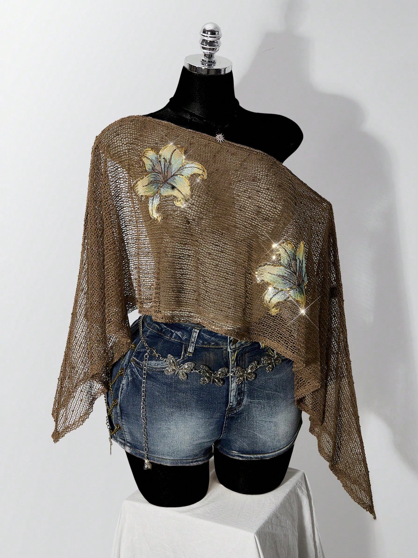 ICON Plus Size Women's Floral Embroidered Gold & Silver Thread Y2K Sheer Top