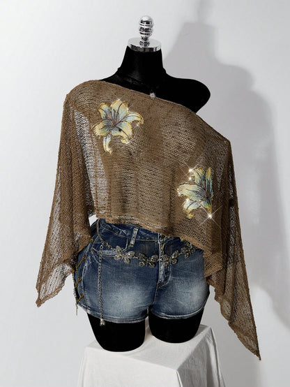 ICON Plus Size Women's Floral Embroidered Gold & Silver Thread Y2K Sheer Top