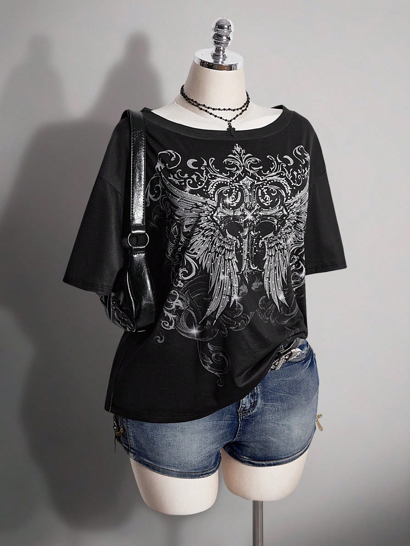 ICON Plus Size Women's Gothic 90s Y2k Cross Pattern T-Shirt Office Black Summer