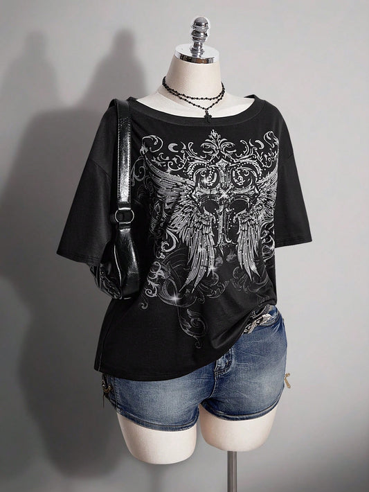 ICON Plus Size Women's Gothic 90s Y2k Cross Pattern T-Shirt Office Black Summer