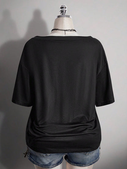 ICON Plus Size Women's Gothic 90s Y2k Cross Pattern T-Shirt Office Black Summer