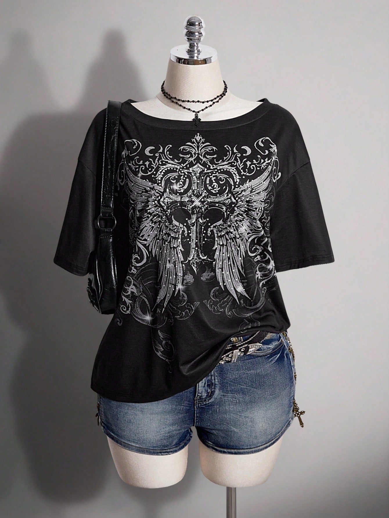 ICON Plus Size Women's Gothic 90s Y2k Cross Pattern T-Shirt Office Black Summer