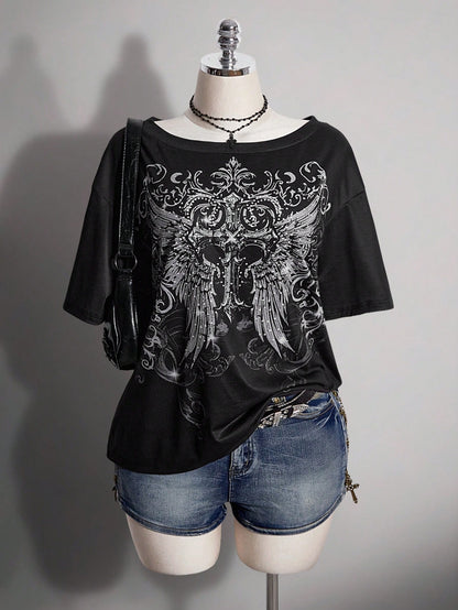 ICON Plus Size Women's Gothic 90s Y2k Cross Pattern T-Shirt Office Black Summer