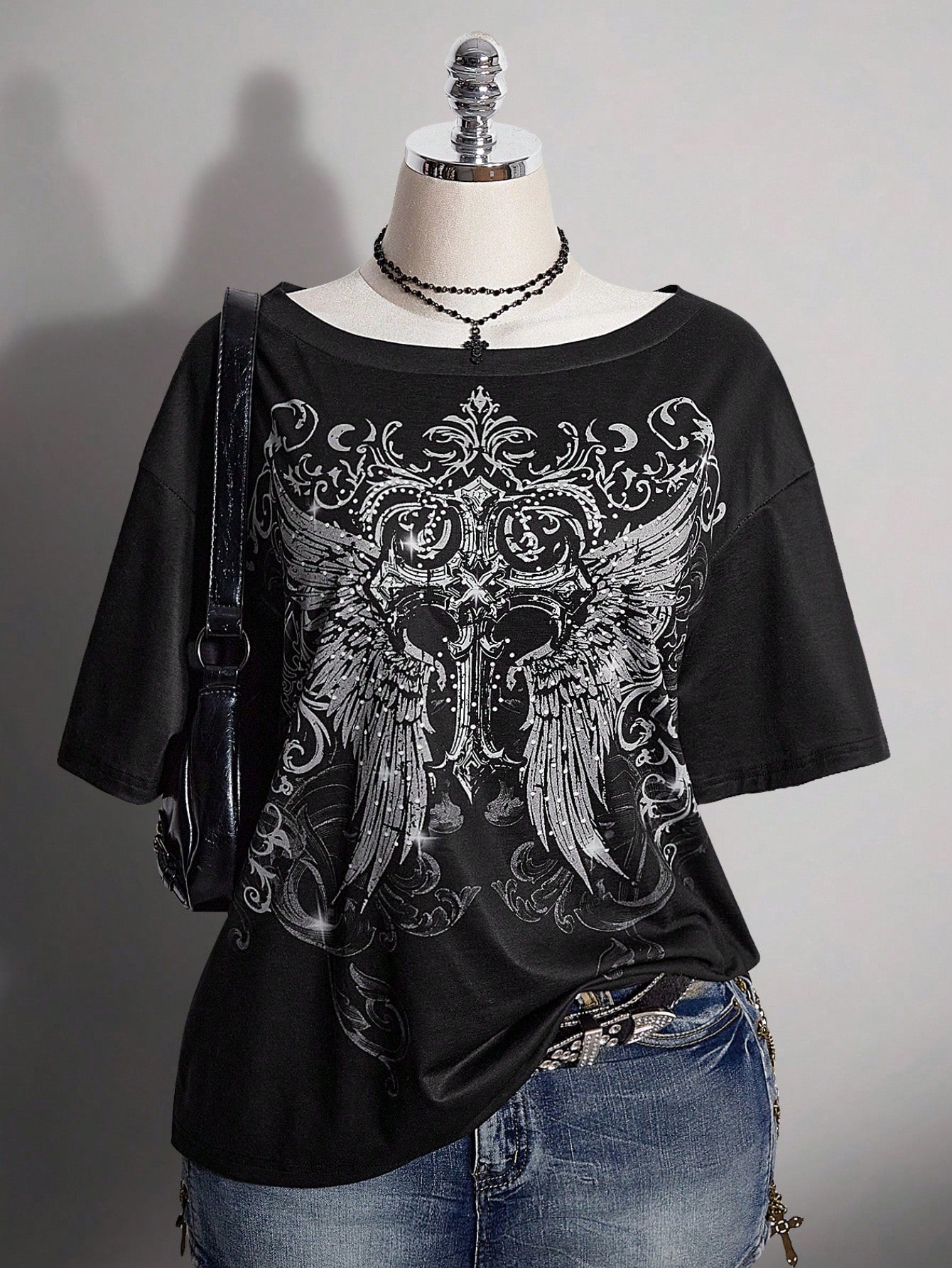 ICON Plus Size Women's Gothic 90s Y2k Cross Pattern T-Shirt Office Black Summer
