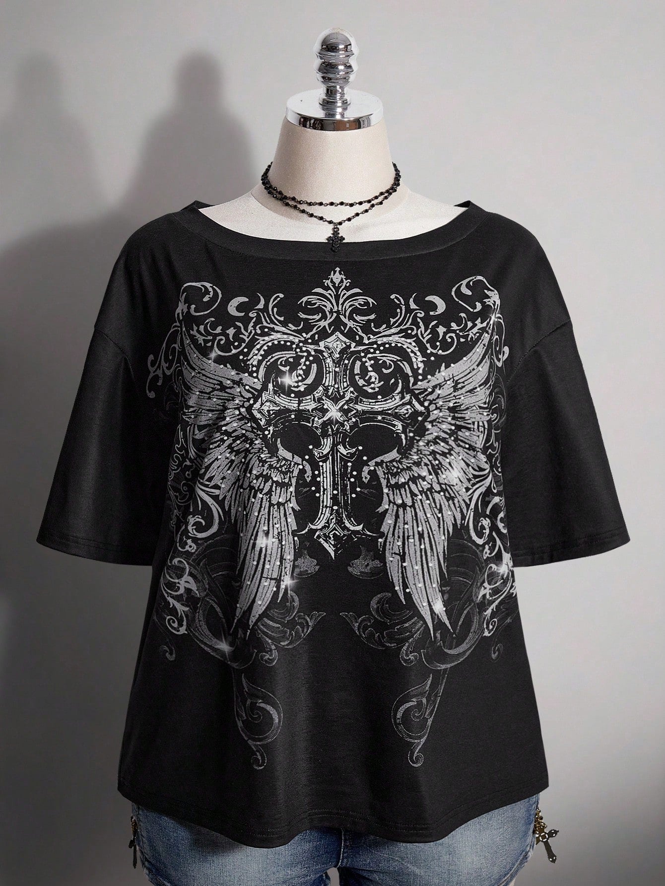 ICON Plus Size Women's Gothic 90s Y2k Cross Pattern T-Shirt Office Black Summer