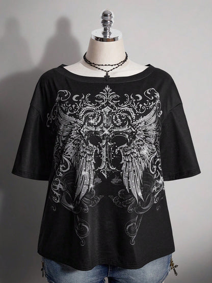 ICON Plus Size Women's Gothic 90s Y2k Cross Pattern T-Shirt Office Black Summer