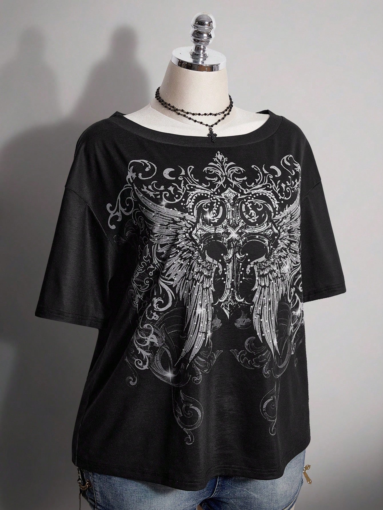 ICON Plus Size Women's Gothic 90s Y2k Cross Pattern T-Shirt Office Black Summer