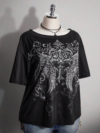 ICON Plus Size Women's Gothic 90s Y2k Cross Pattern T-Shirt Office Black Summer