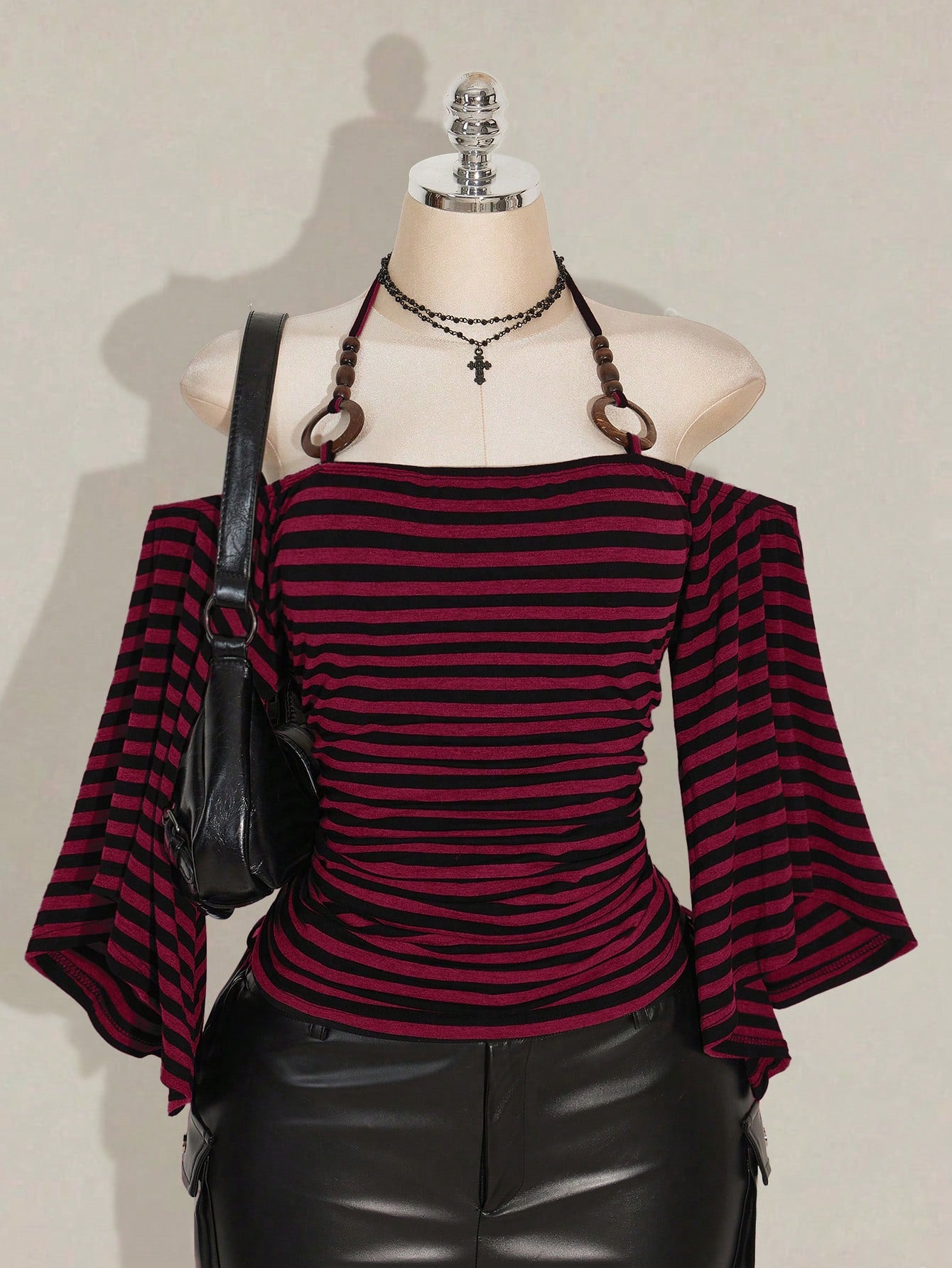 ICON Plus Size Women's Y2K Retro Striped Off-Shoulder Flare Sleeve Halter Neck T-Shirt,Avant-Garde Goth Streetwear Black Autumn Night Out Club Knit Top